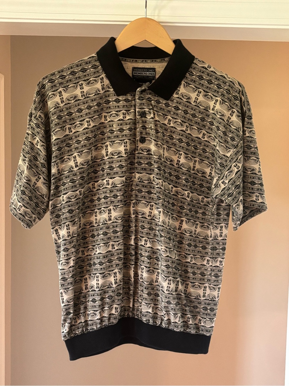 Members Only Black and Cream Geometric Polo